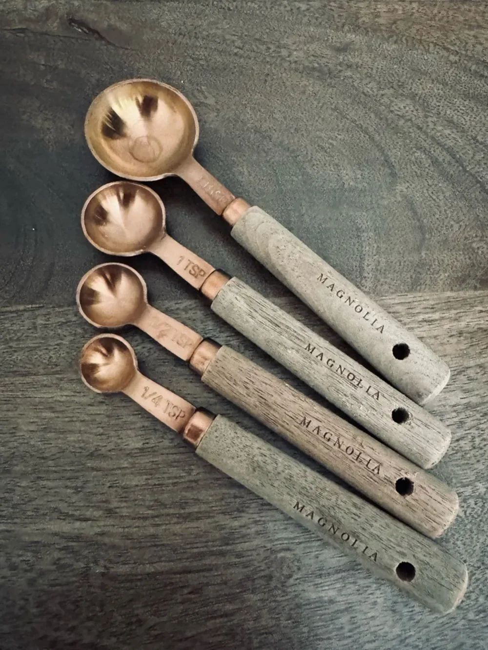 Magnolia Farmhouse Copper Walnut Wood Measuring Spoons Set